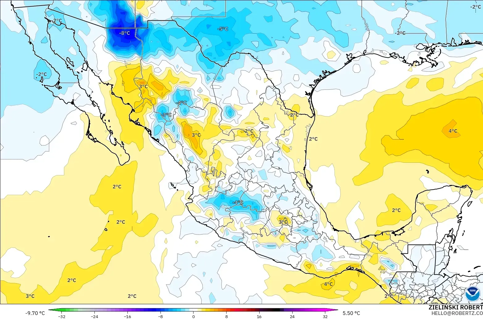 GFS modelo - México, Anomalía de temperatura a 850 hPa