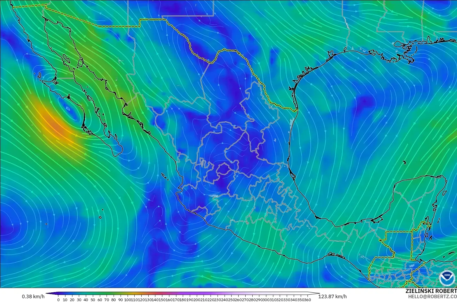GFS modelo - México, Viento a 300 hPa (corriente en chorro)