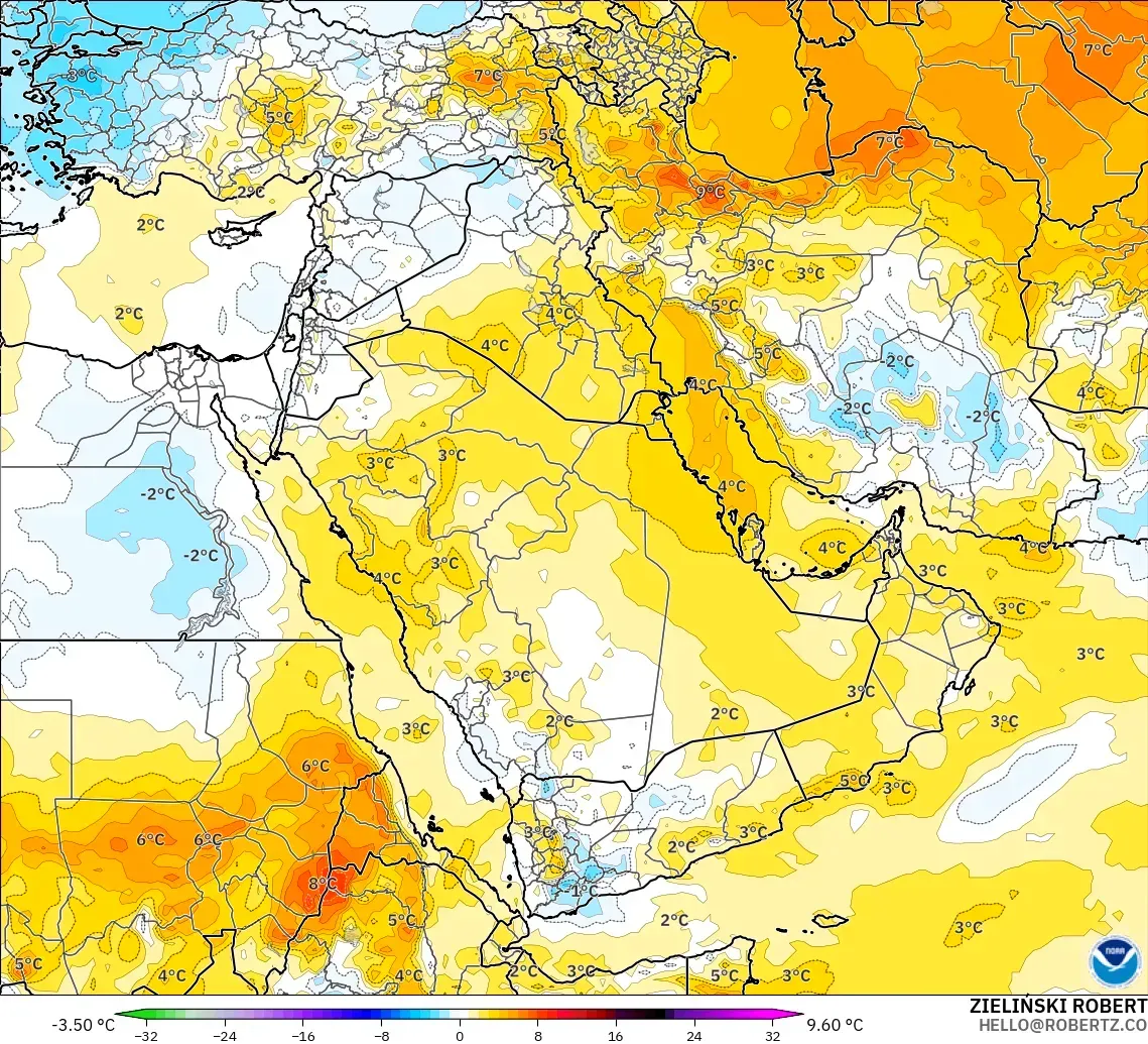 GFS modelo - Oriente Medio, Anomalía de temperatura a 850 hPa
