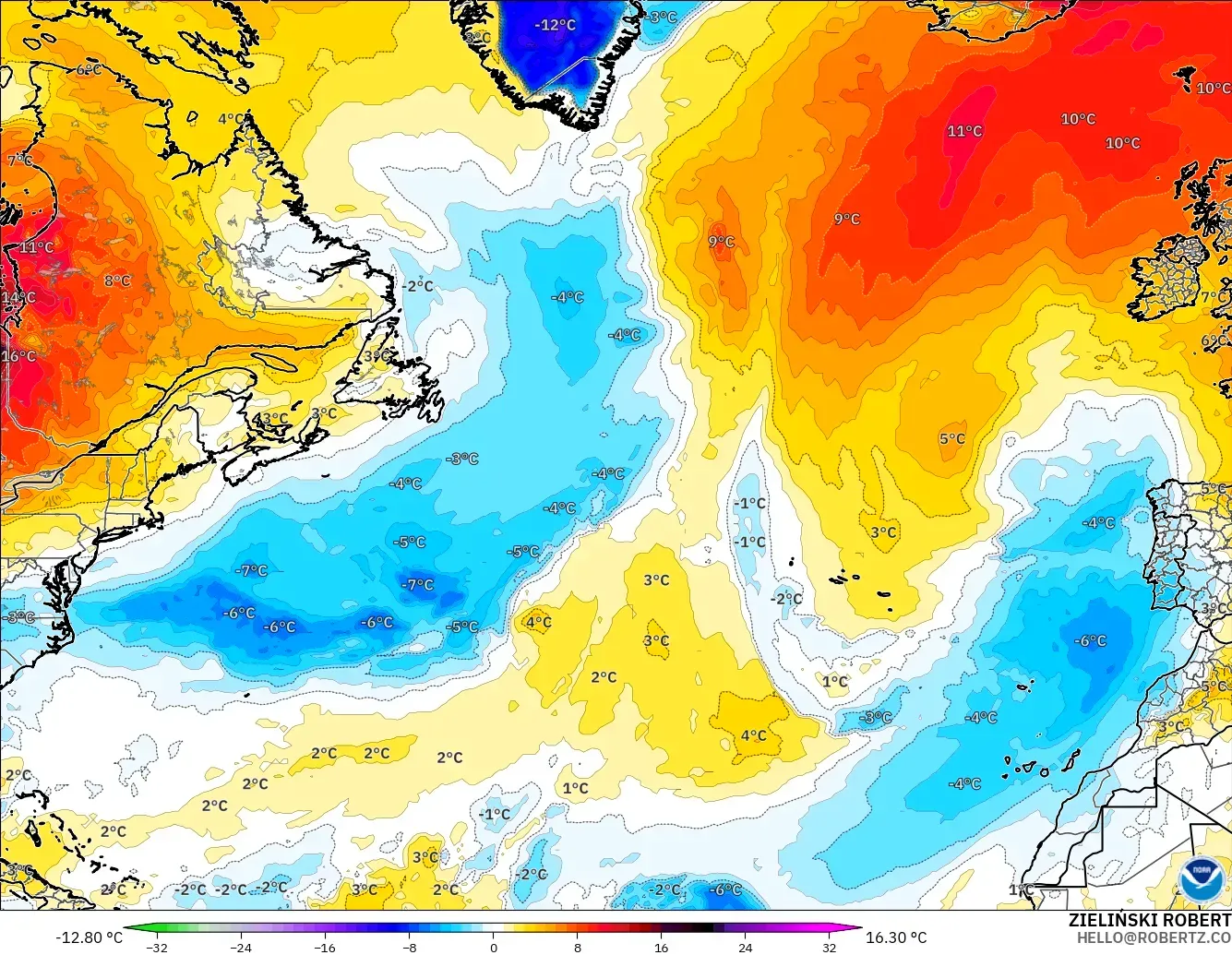 GFS modelo - Norte Atlántico, Anomalía de temperatura a 850 hPa
