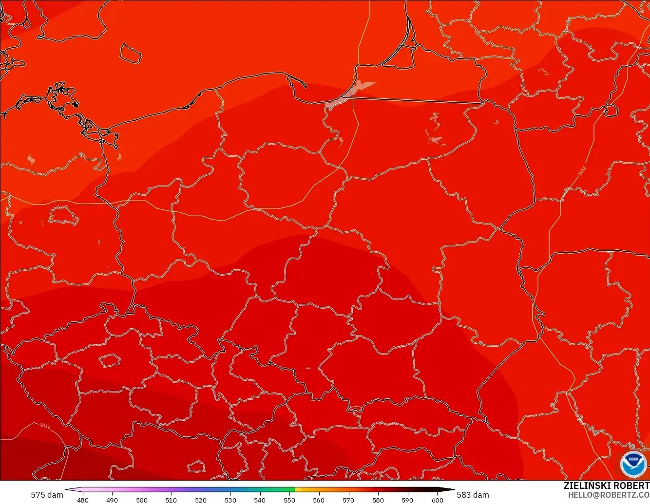 GFS modelo - Polonia, Altura geopotencial a 500 hPa