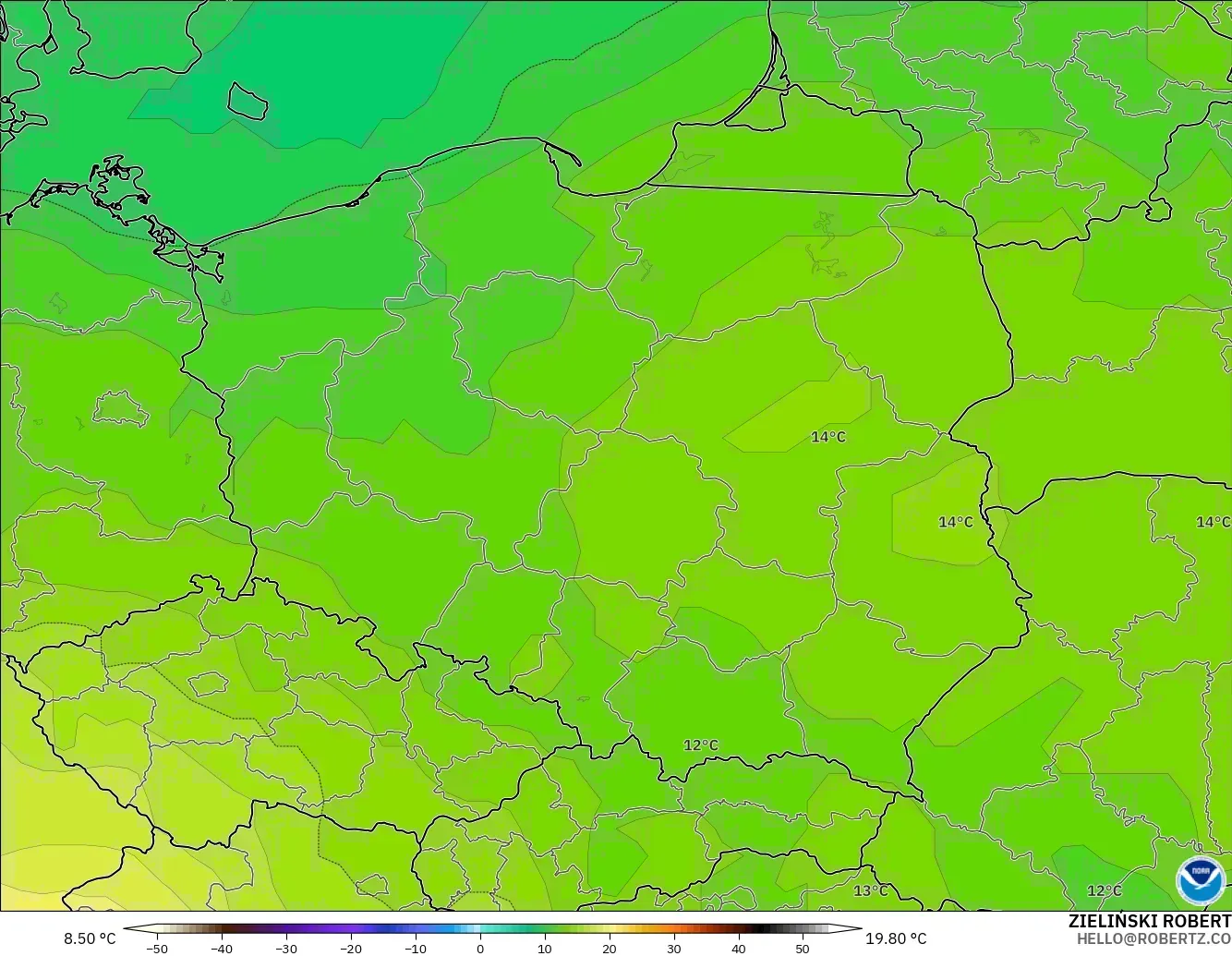 GFS modelo - Polonia, Temperatura a 850 hPa