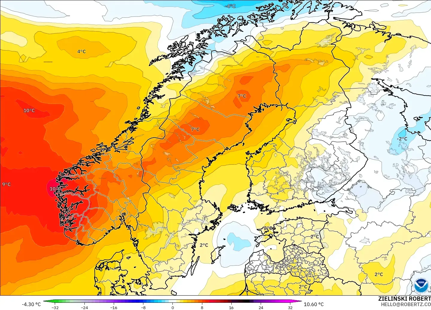 GFS modelo - Escandinavia, Anomalía de temperatura a 850 hPa