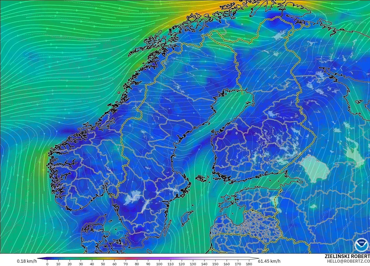 GFS modelo - Escandinavia, Viento a 10 m