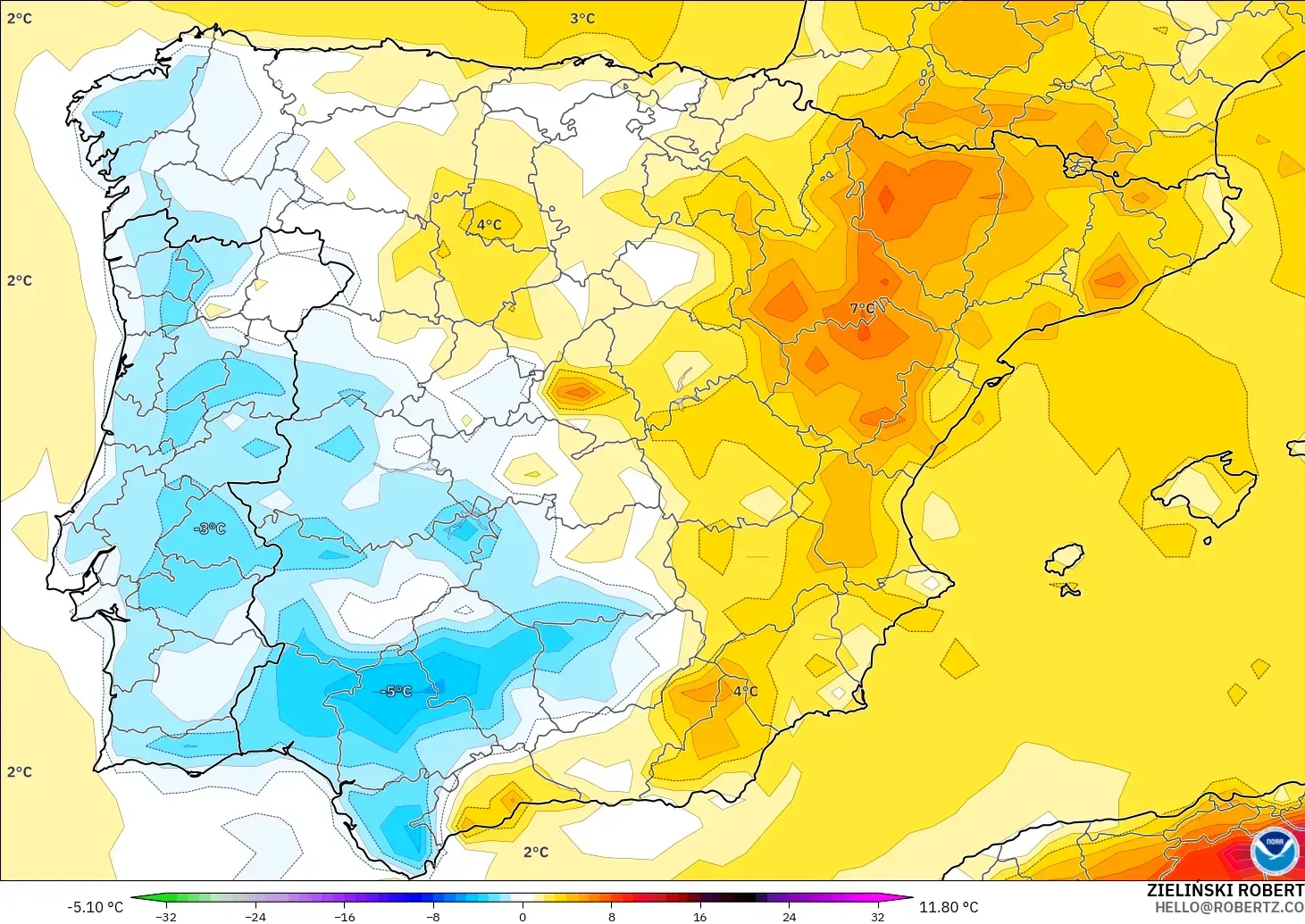 GFS modelo - España, Anomalía de temperatura a 2 m
