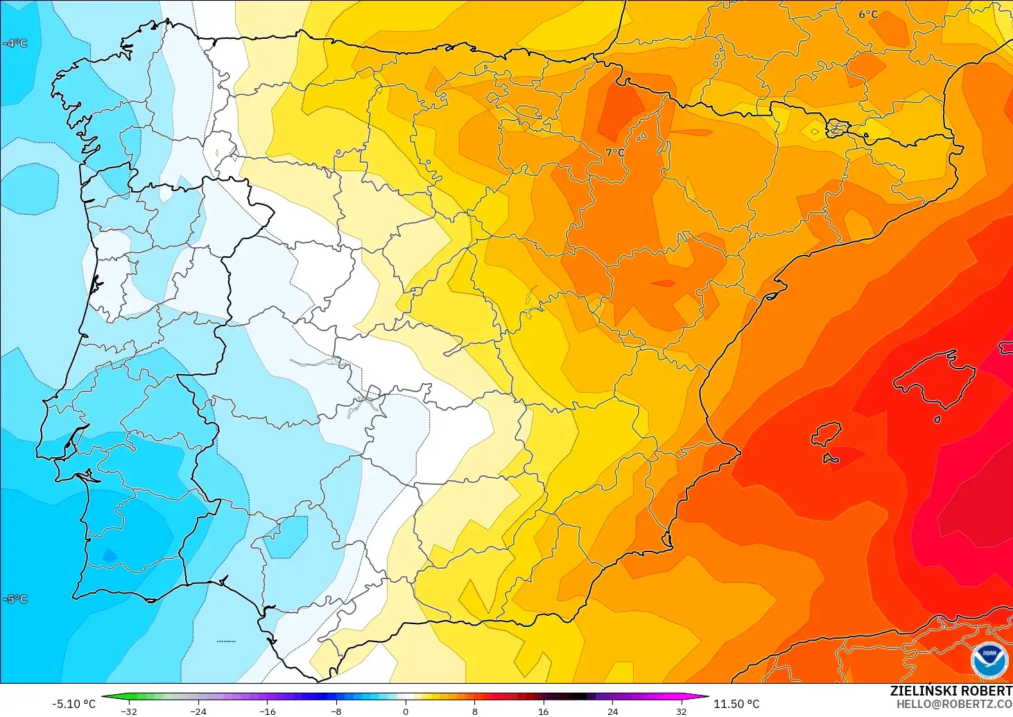 GFS modelo - España, Anomalía de temperatura a 850 hPa