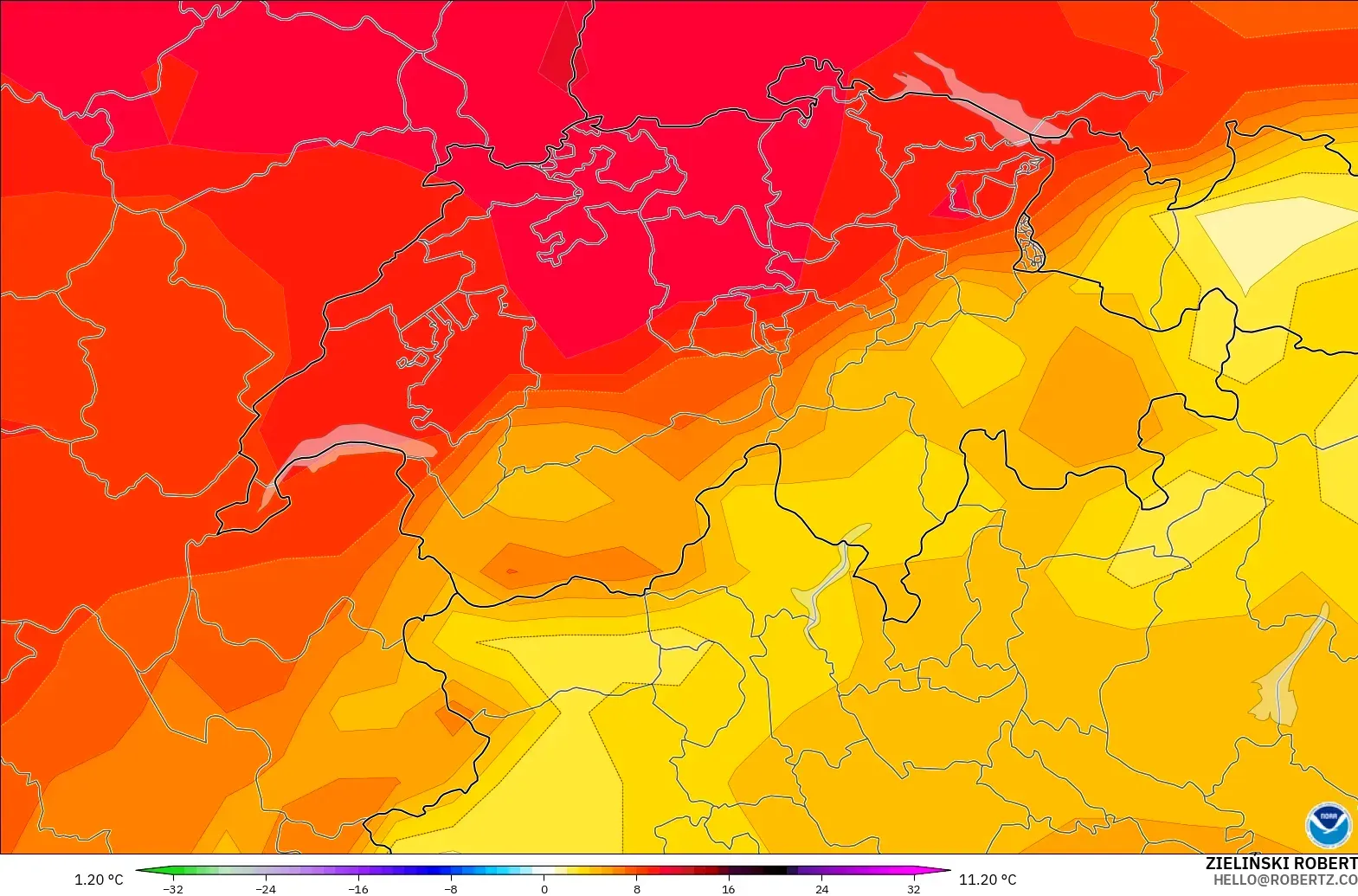 GFS modelo - Suiza, Anomalía de temperatura a 850 hPa