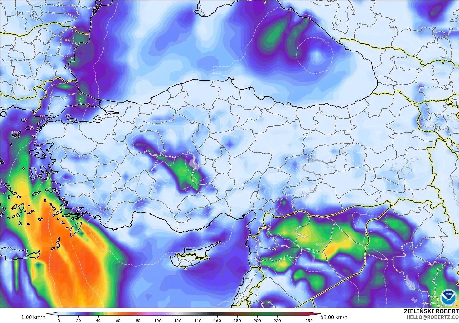 GFS modelo - Turquía, Ráfagas de viento