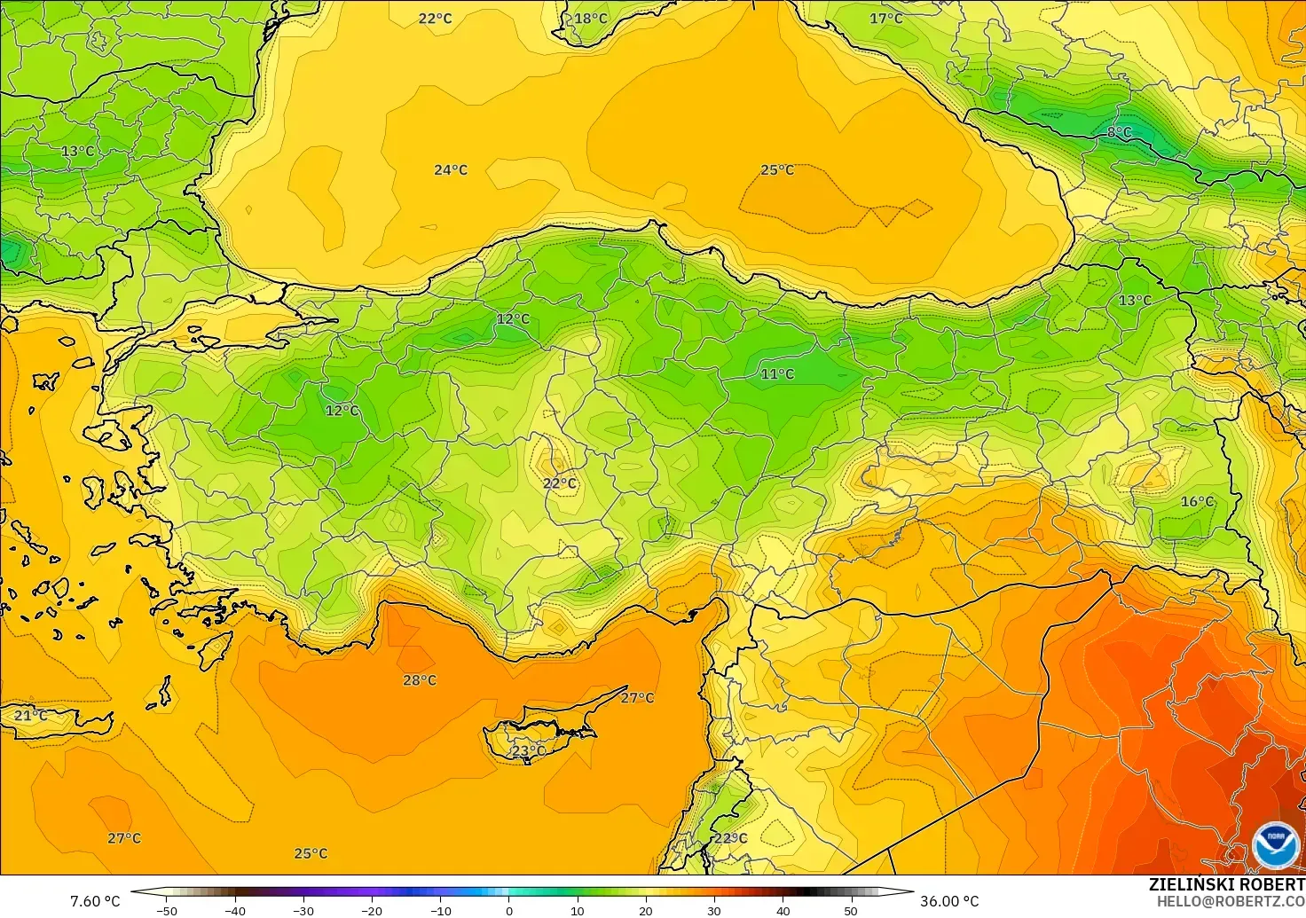 GFS modelo - Turquía, Temperatura a 2 m
