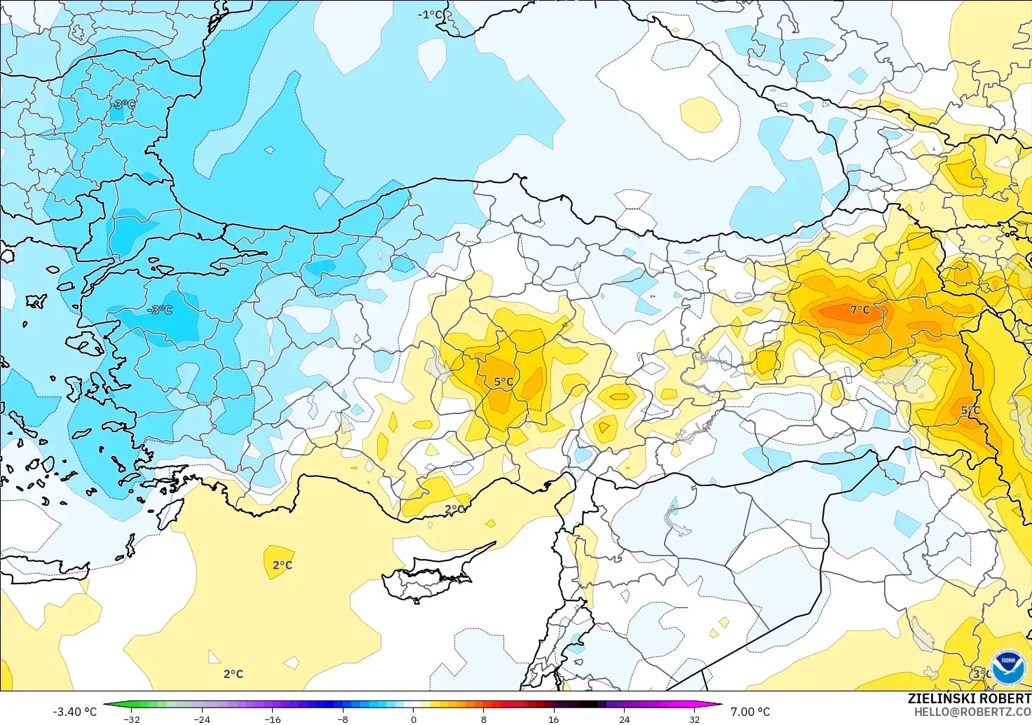 GFS modelo - Turquía, Anomalía de temperatura a 850 hPa