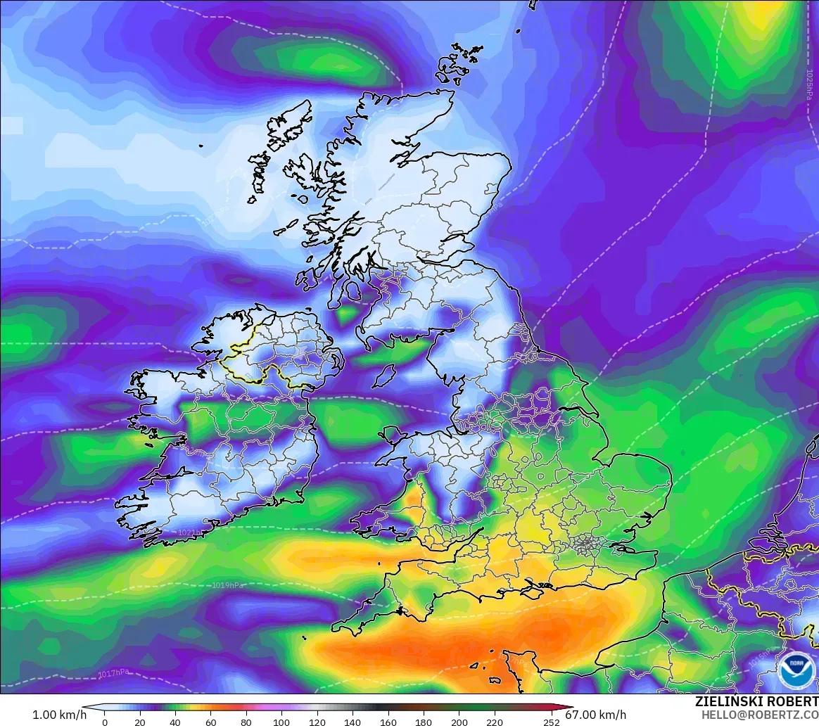 GFS modelo - Reino Unido, Ráfagas de viento