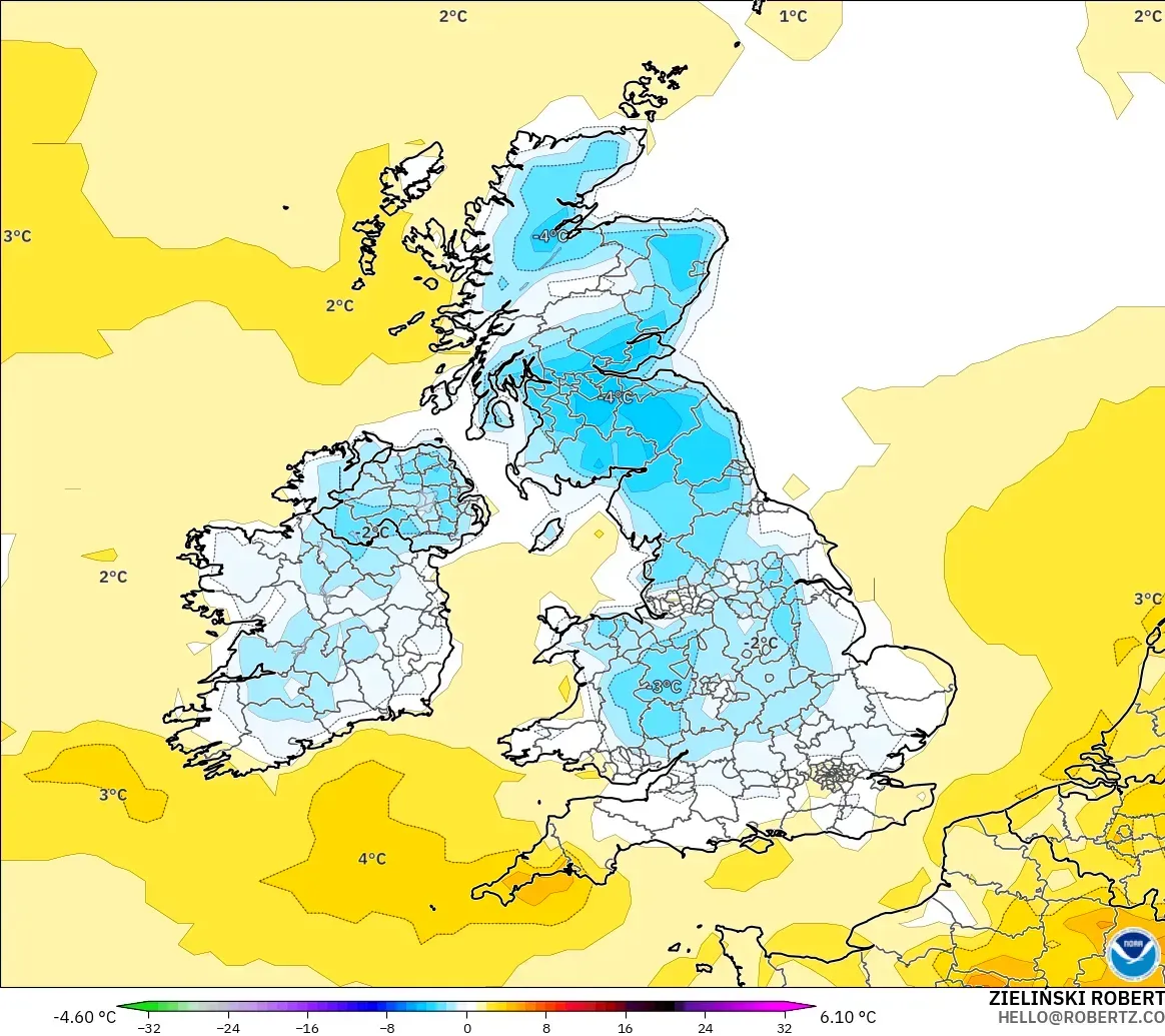 GFS modelo - Reino Unido, Anomalía de temperatura a 2 m