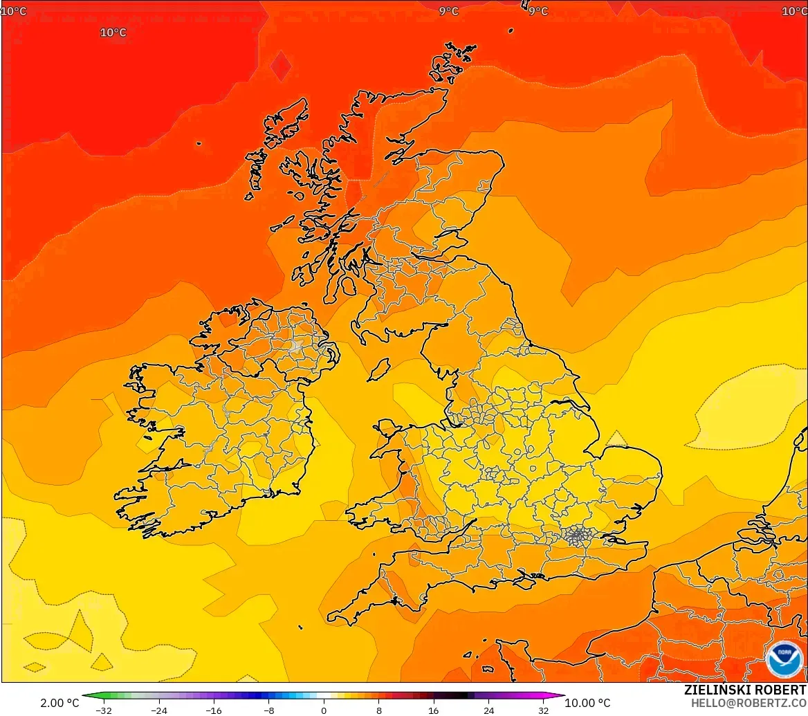 GFS modelo - Reino Unido, Anomalía de temperatura a 850 hPa
