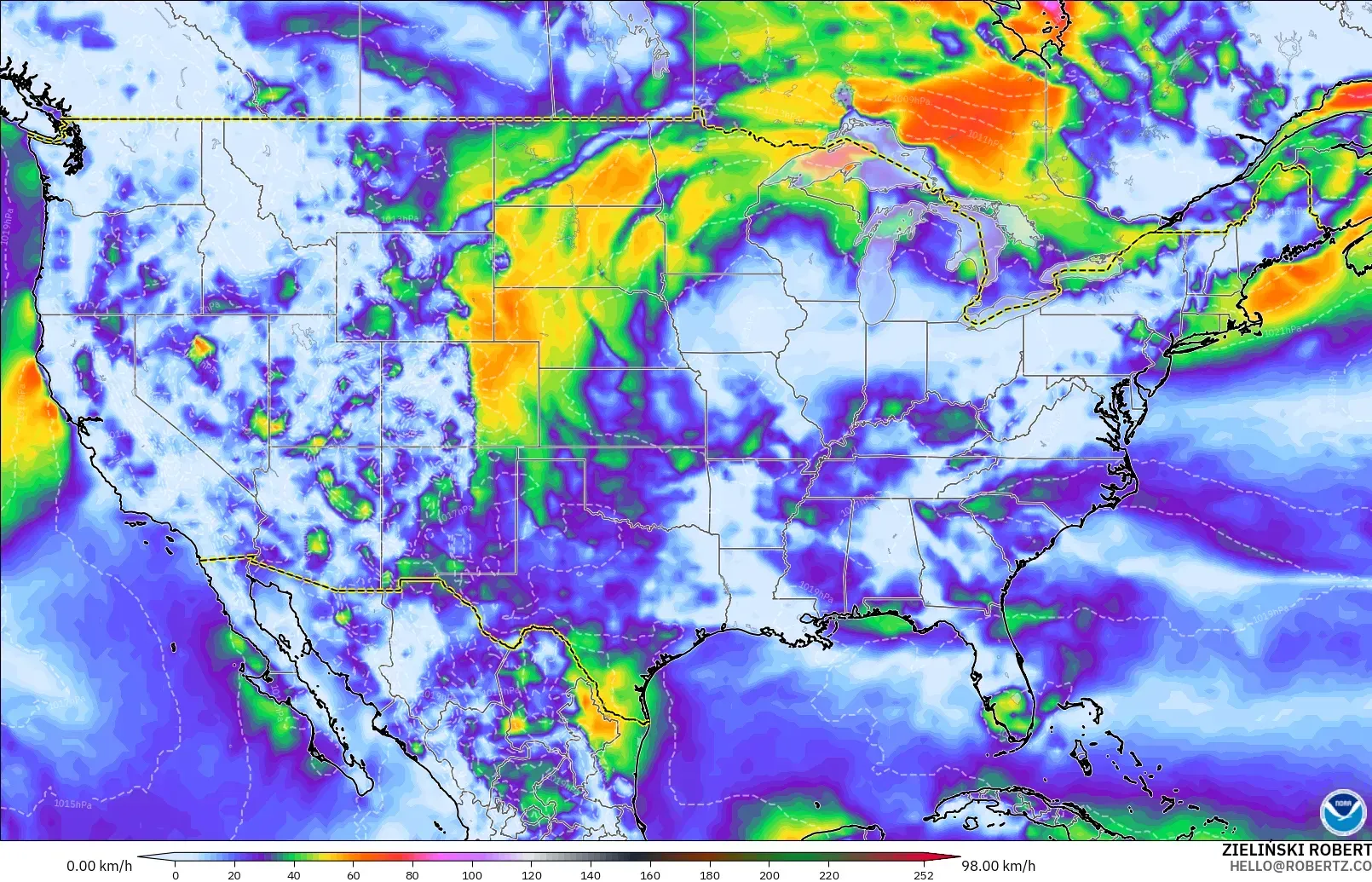 GFS modelo - Estados Unidos, Ráfagas de viento