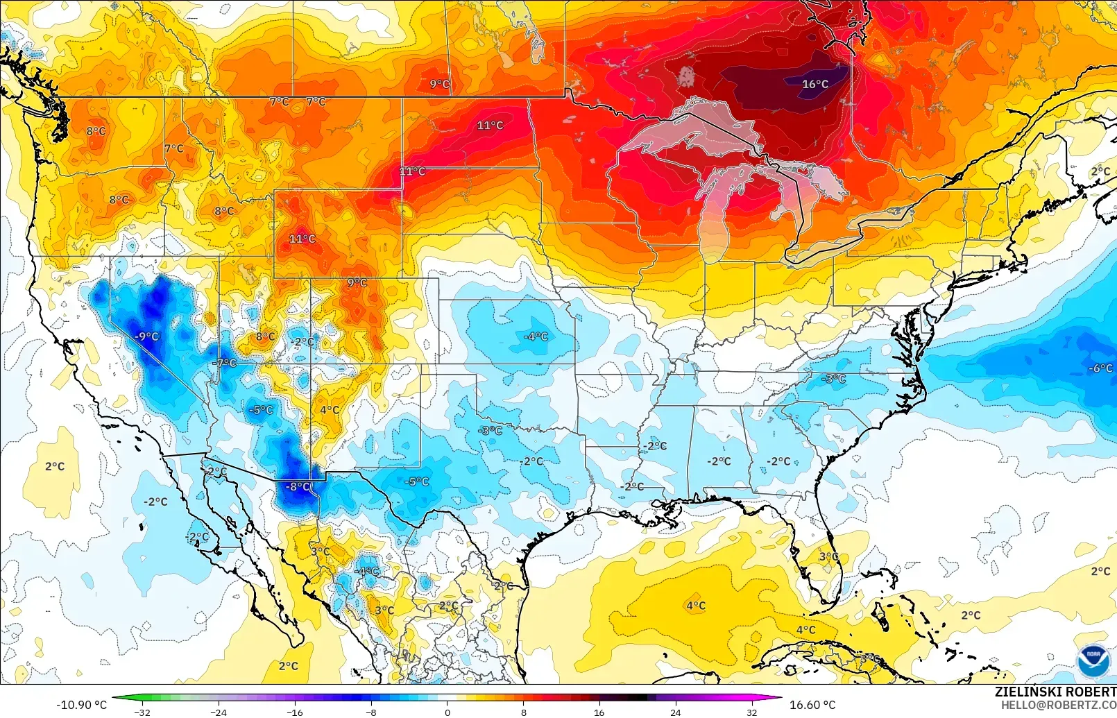 GFS modelo - Estados Unidos, Anomalía de temperatura a 850 hPa