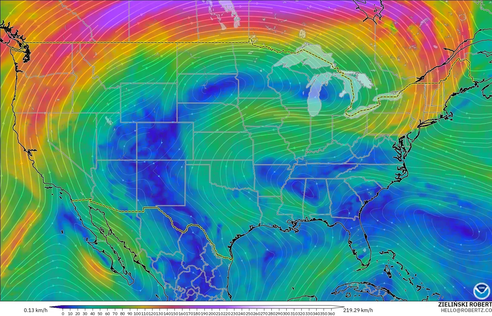 GFS modelo - Estados Unidos, Viento a 300 hPa (corriente en chorro)