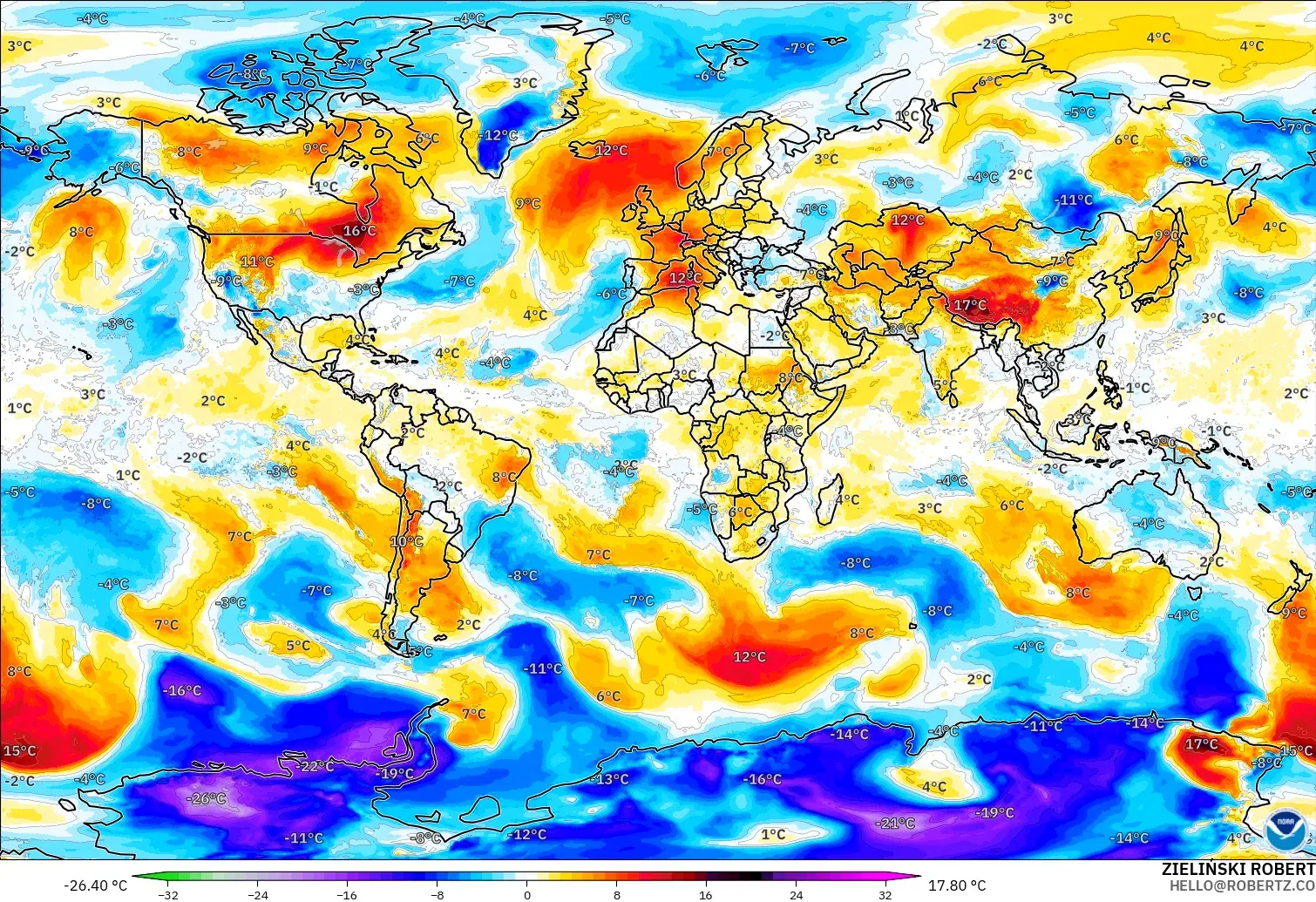 GFS modelo - Mundo, Anomalía de temperatura a 850 hPa