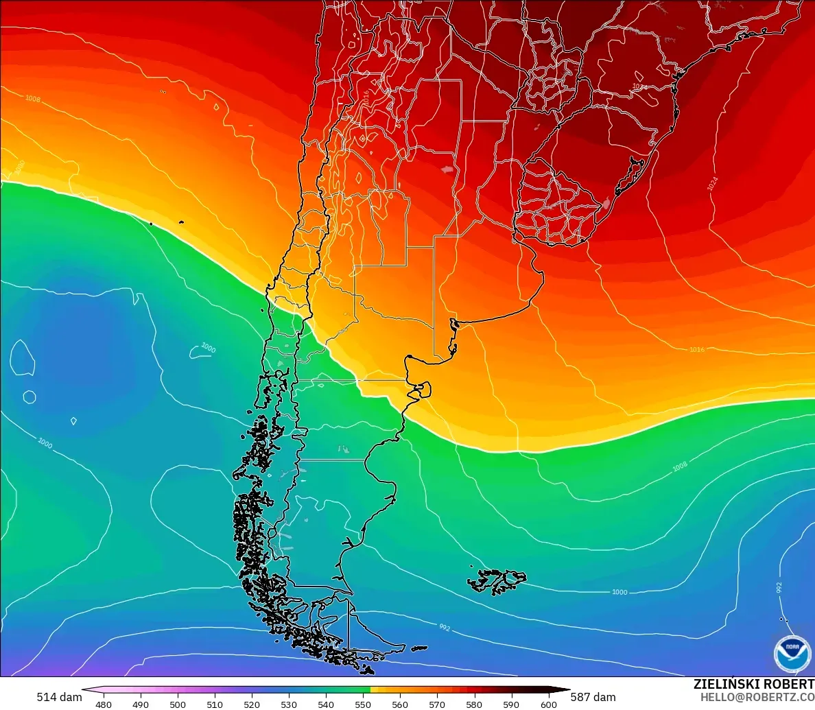 GFS modelo - Argentina, Altura geopotencial a 500 hPa