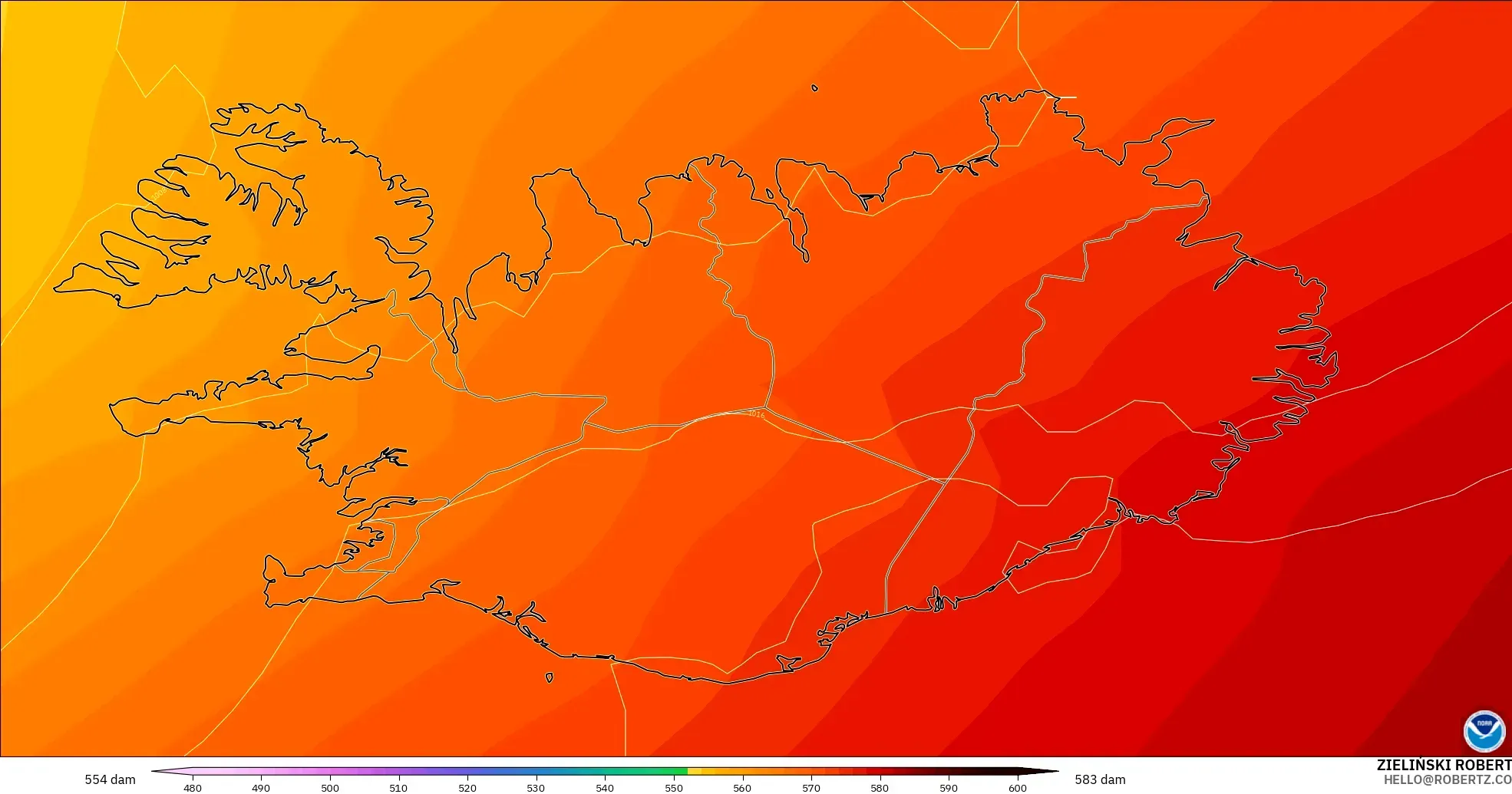 GFS modelo - Islandia, Altura geopotencial a 500 hPa