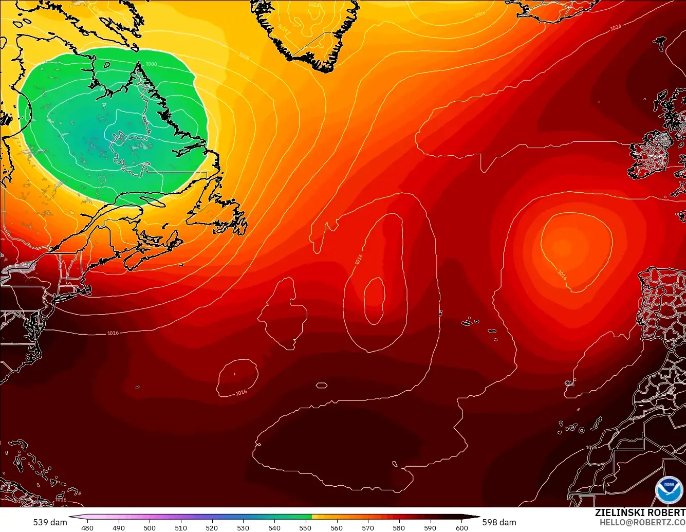 GFS modelo - Norte Atlántico, Altura geopotencial a 500 hPa