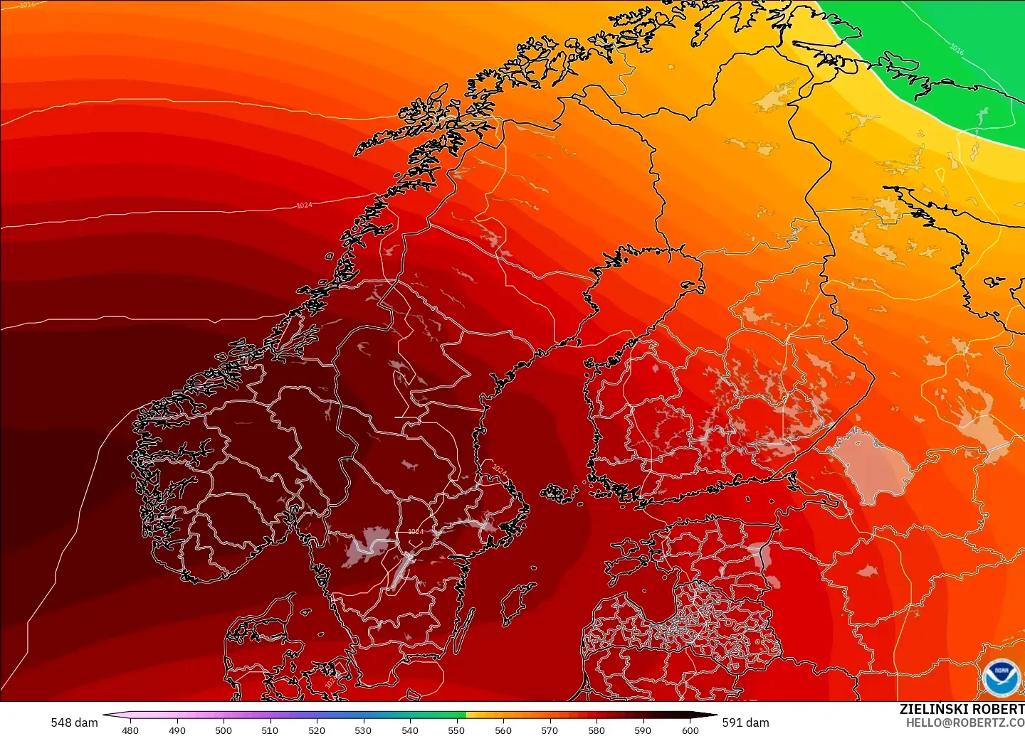 GFS modelo - Escandinavia, Altura geopotencial a 500 hPa