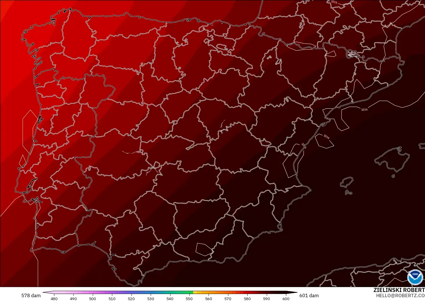 GFS modelo - España, Altura geopotencial a 500 hPa