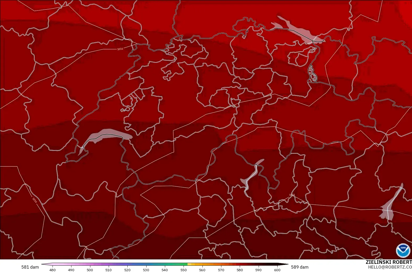 GFS modelo - Suiza, Altura geopotencial a 500 hPa