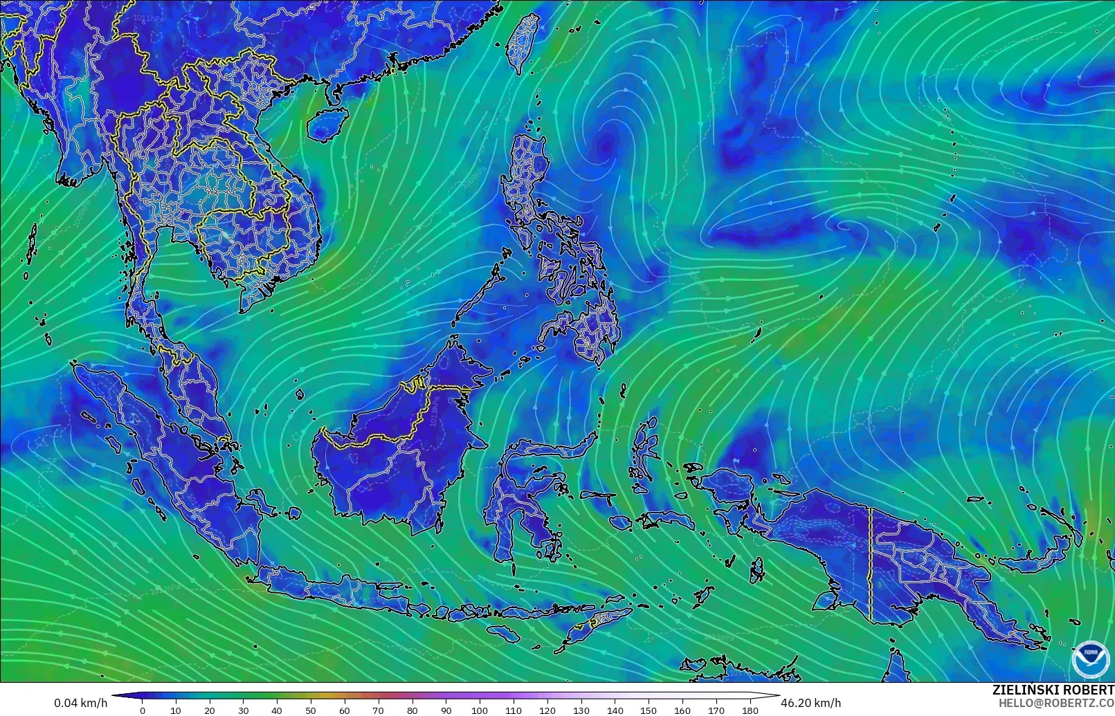 GFS modelo - Sudeste Asiático, Viento a 10 m