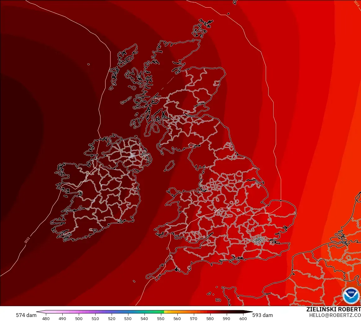 GFS modelo - Reino Unido, Altura geopotencial a 500 hPa