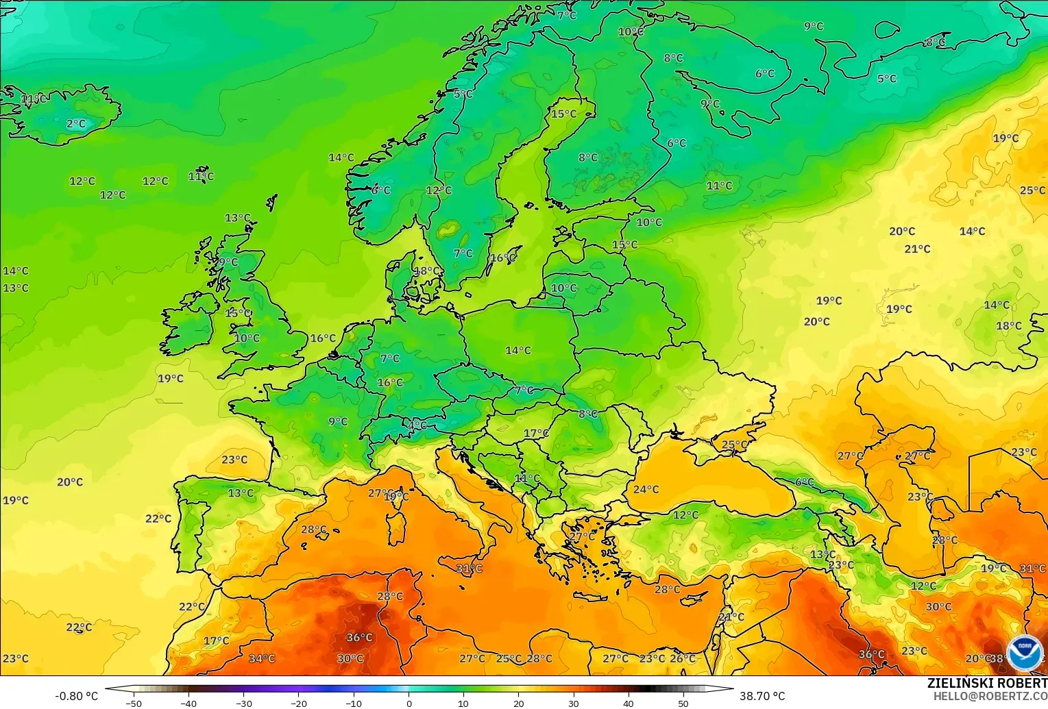 GFS modelo - Europa, Temperatura a 2 m