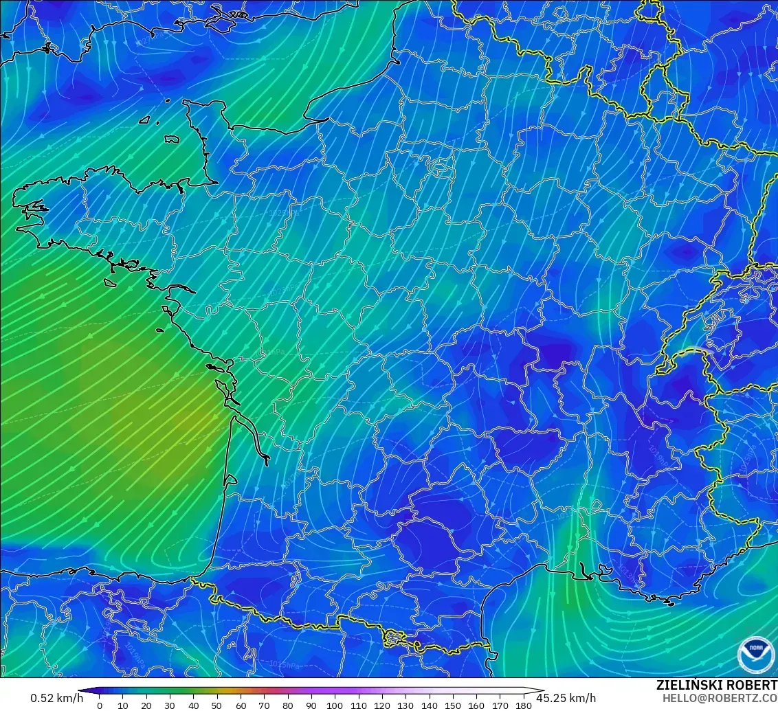 GFS modelo - Francia, Viento a 10 m