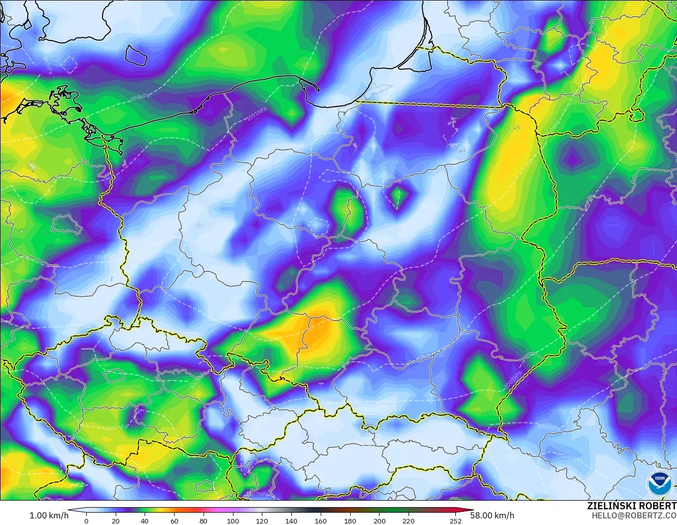 GFS modelo - Polonia, Ráfagas de viento