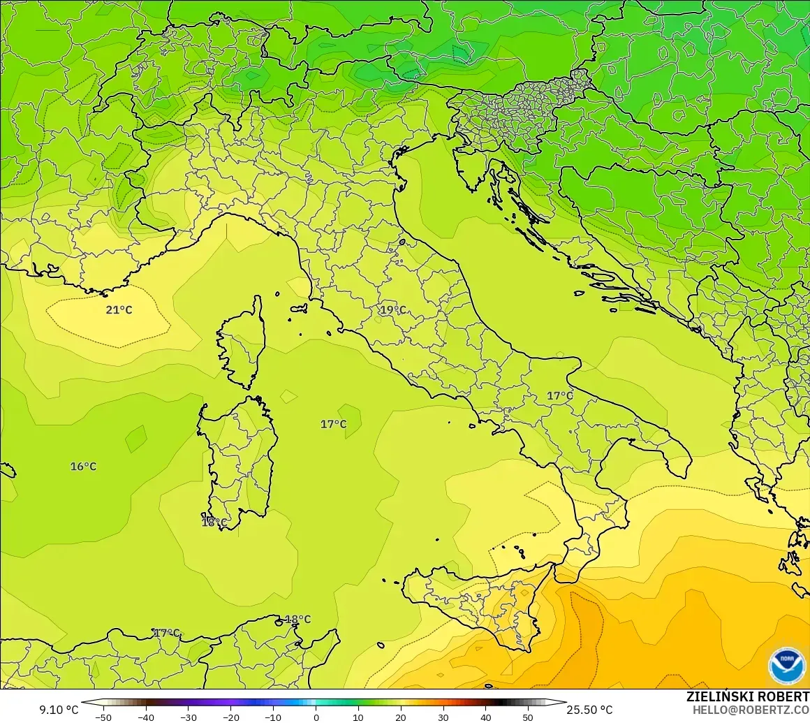 GFS modelo - Italia, Temperatura a 850 hPa