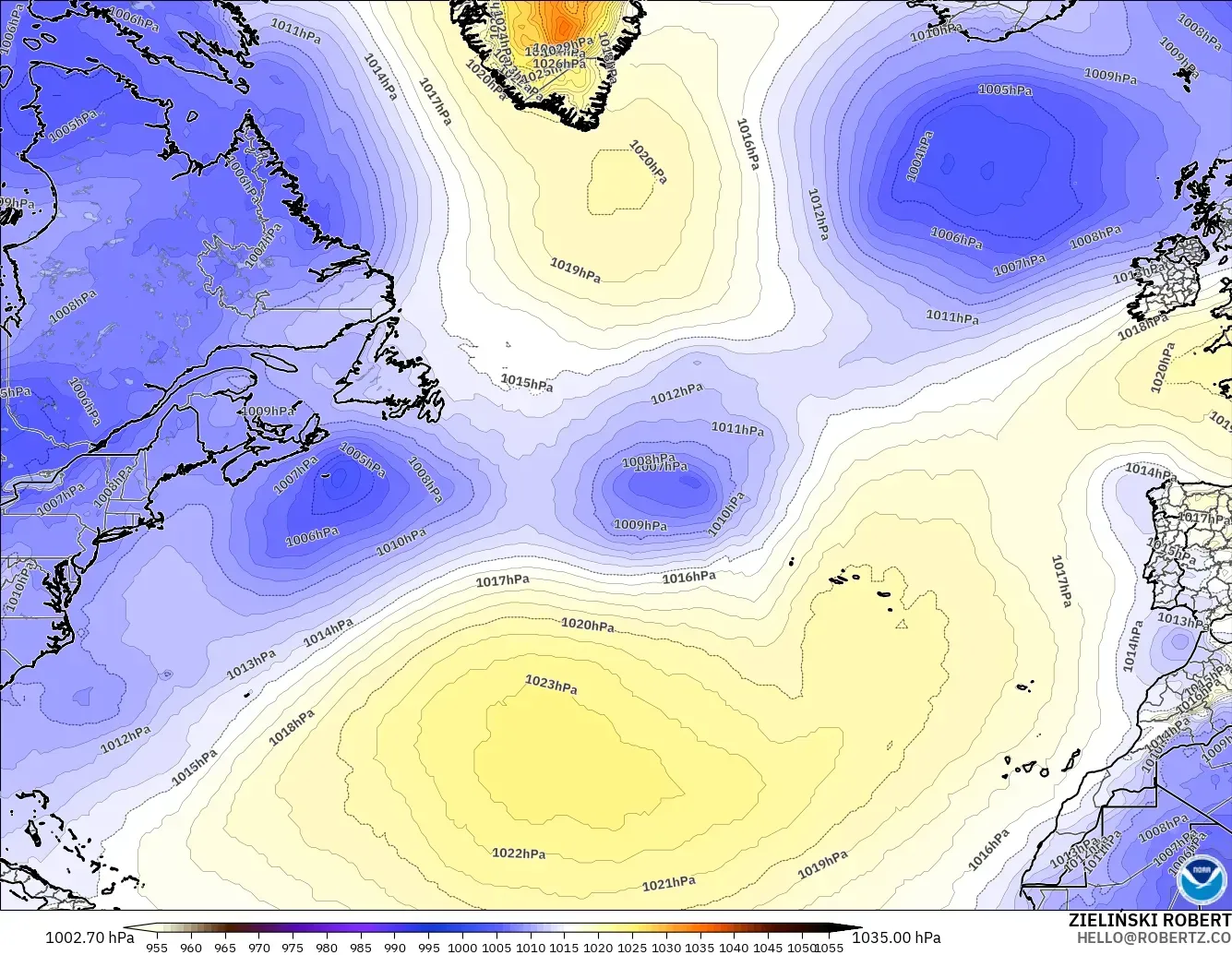GFS modelo - Norte Atlántico, Presión