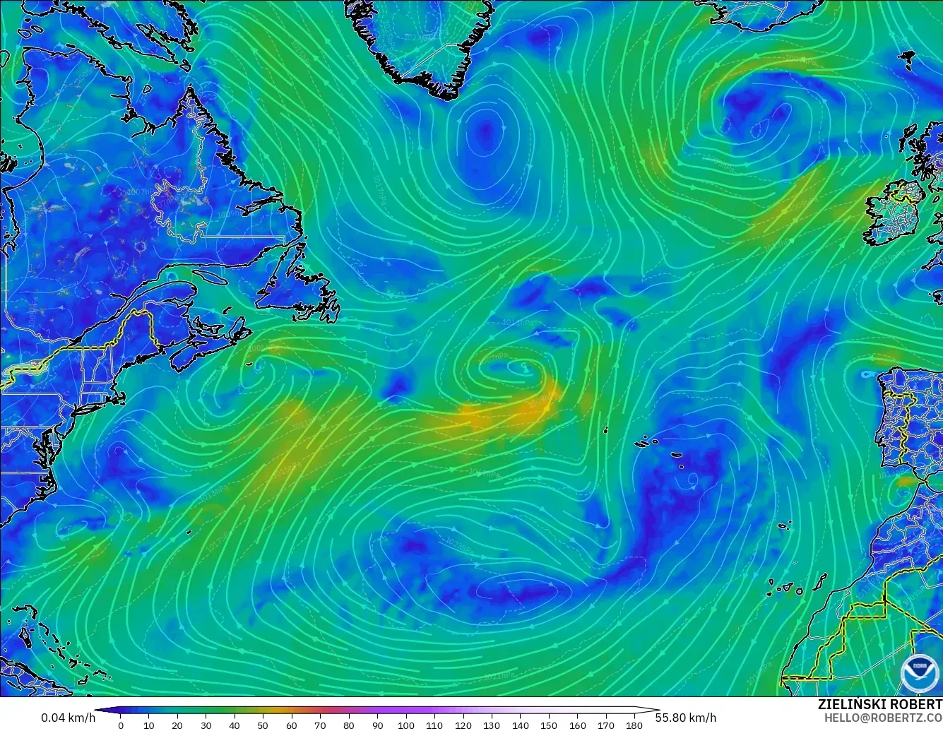 GFS modelo - Norte Atlántico, Viento a 10 m