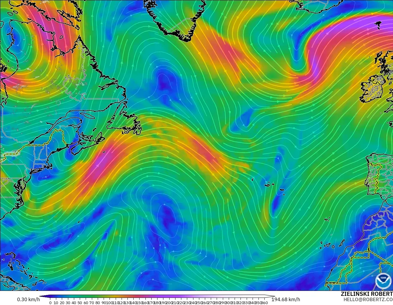 GFS modelo - Norte Atlántico, Viento a 300 hPa (corriente en chorro)