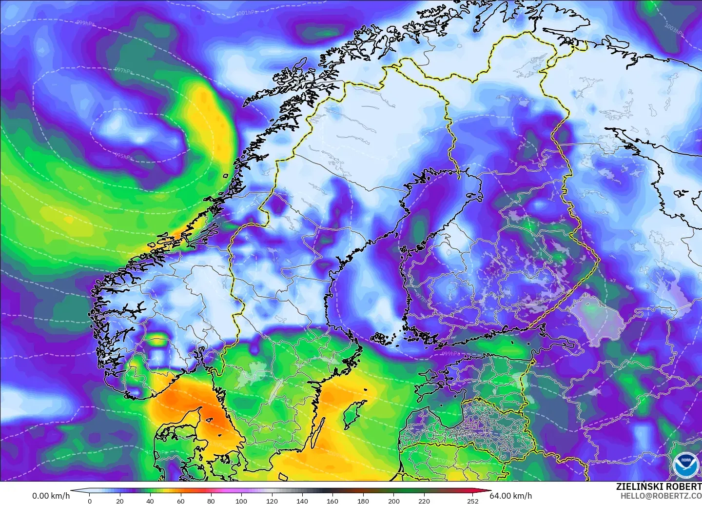 GFS modelo - Escandinavia, Ráfagas de viento