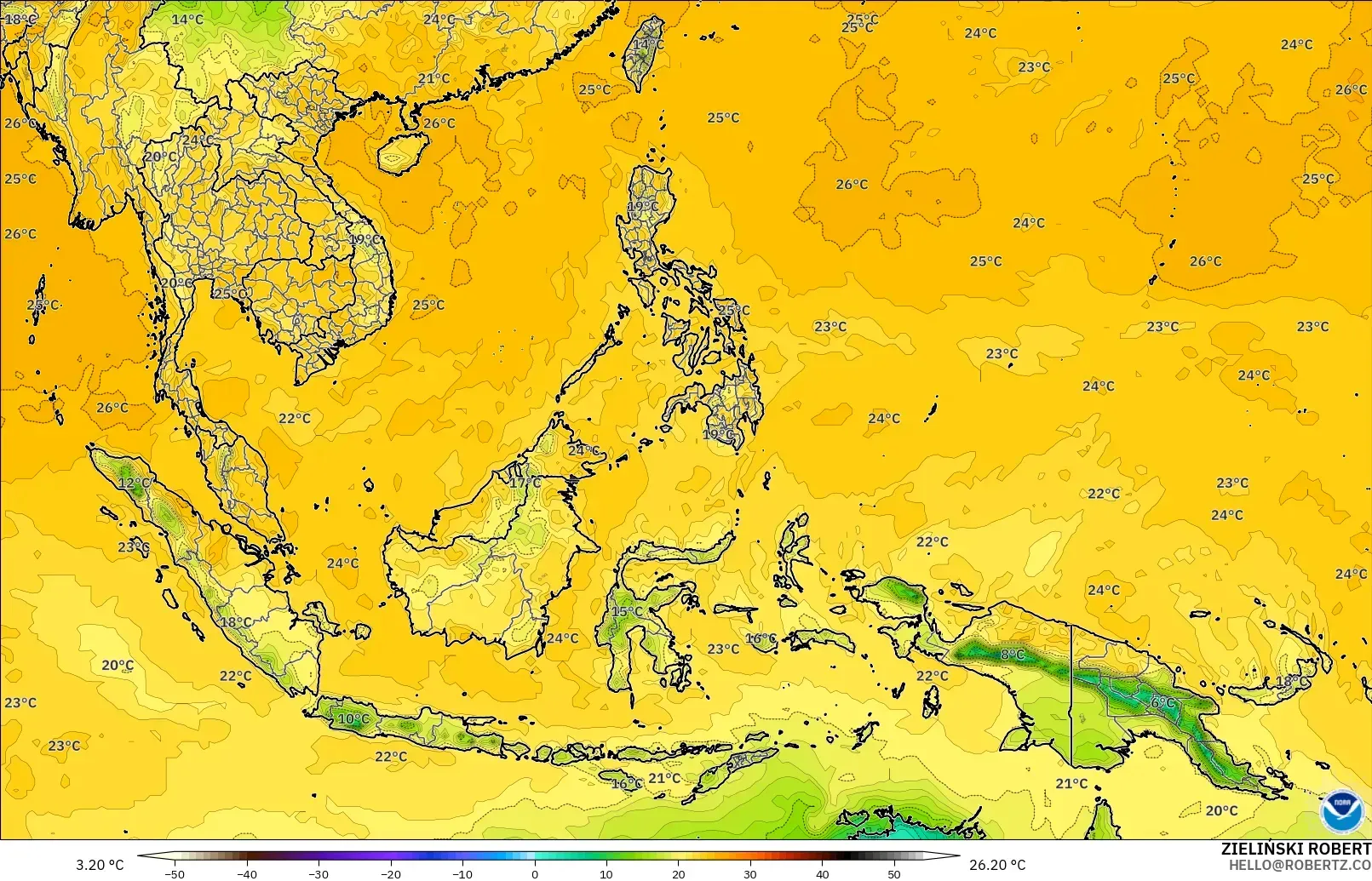 GFS modelo - Sudeste Asiático, Punto de rocío a 2 m