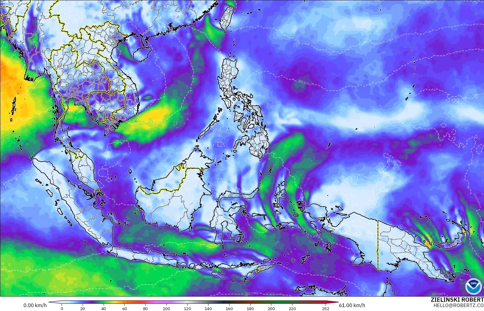 GFS modelo - Sudeste Asiático, Ráfagas de viento