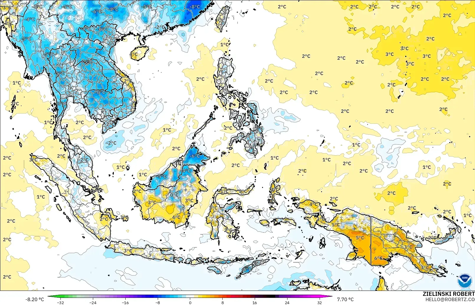 GFS modelo - Sudeste Asiático, Anomalía de temperatura a 2 m