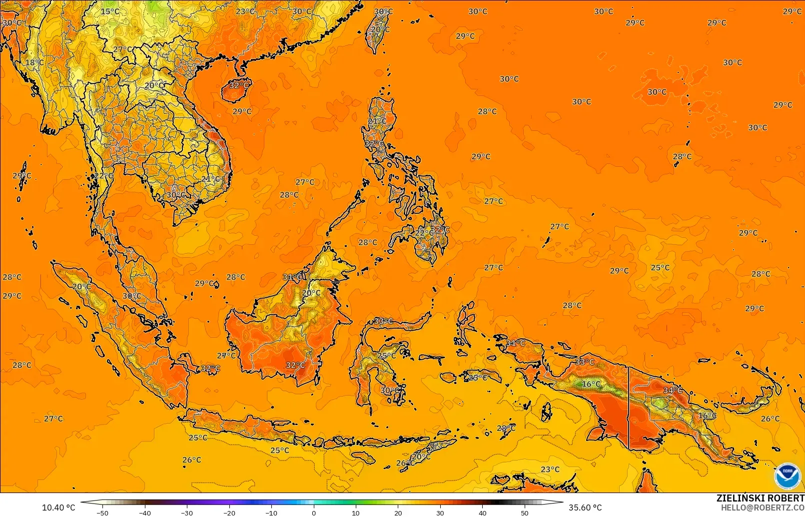 GFS modelo - Sudeste Asiático, Temperatura a 2 m