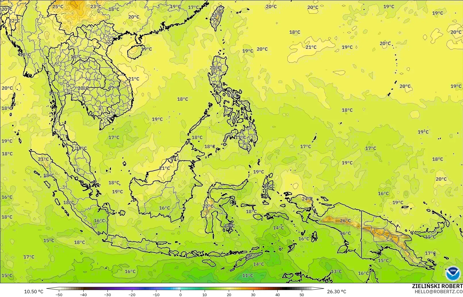 GFS modelo - Sudeste Asiático, Temperatura a 850 hPa