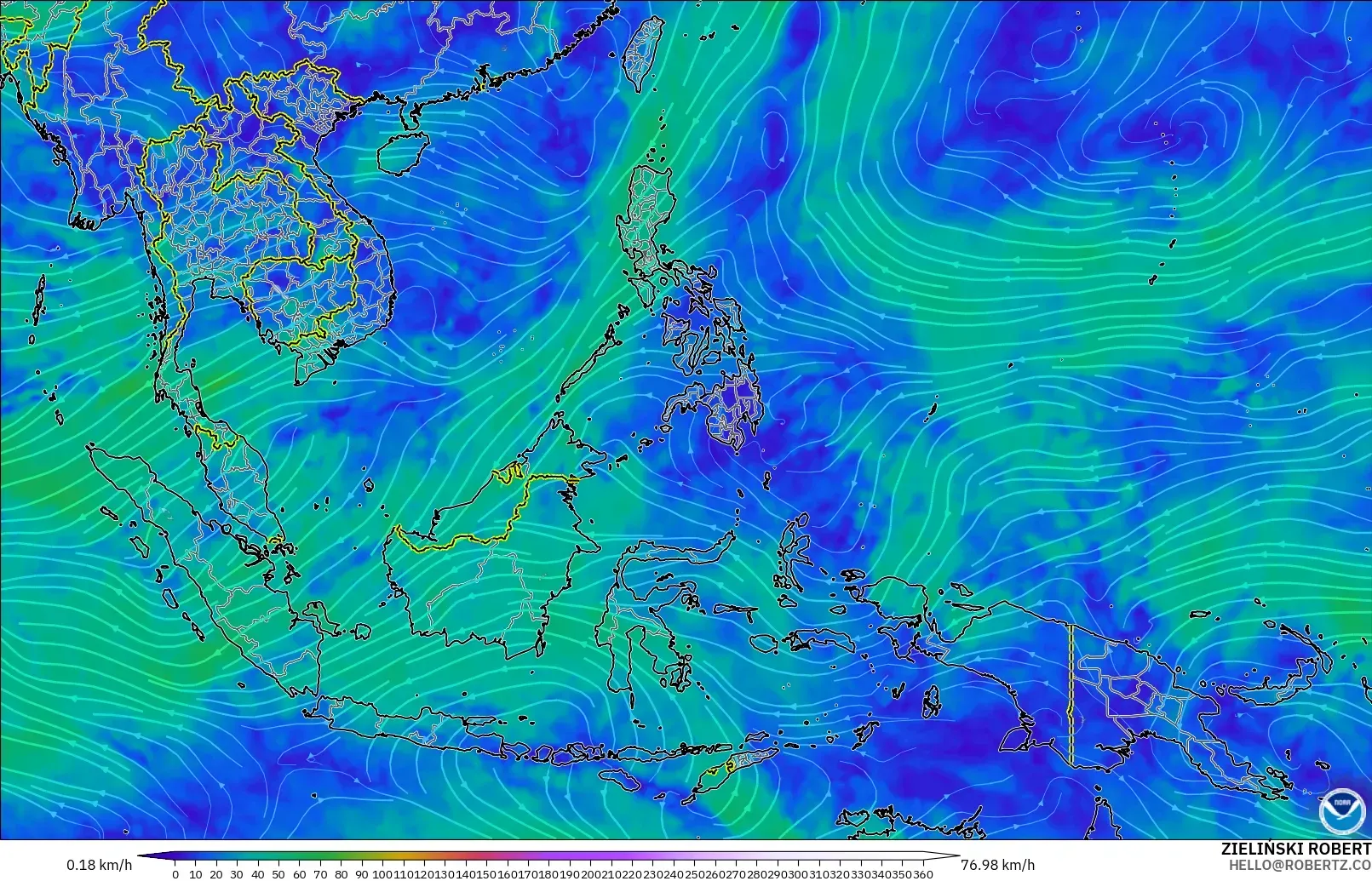 GFS modelo - Sudeste Asiático, Viento a 300 hPa (corriente en chorro)