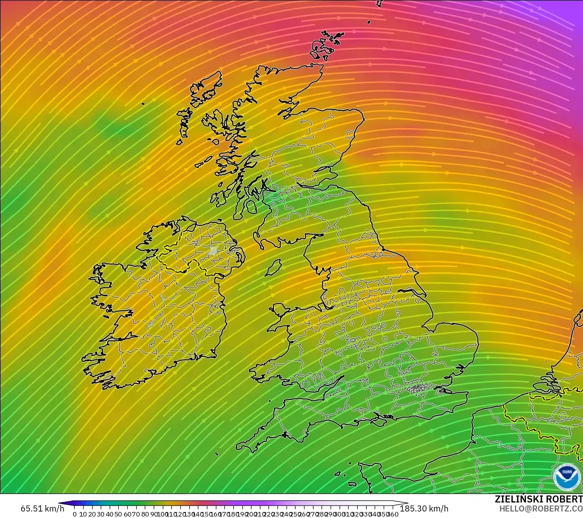 GFS modelo - Reino Unido, Viento a 300 hPa (corriente en chorro)