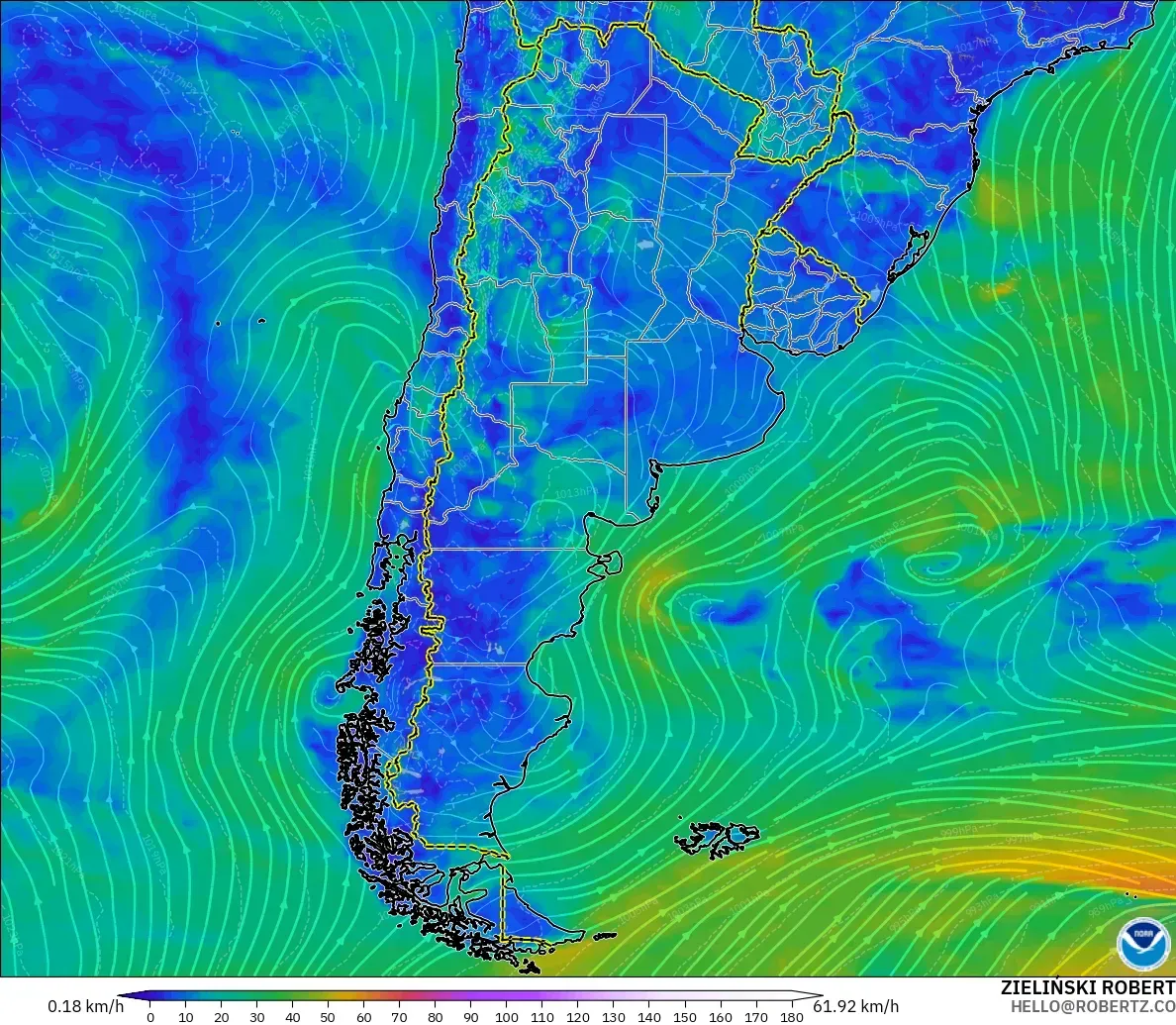 GFS modelo - Argentina, Viento a 10 m