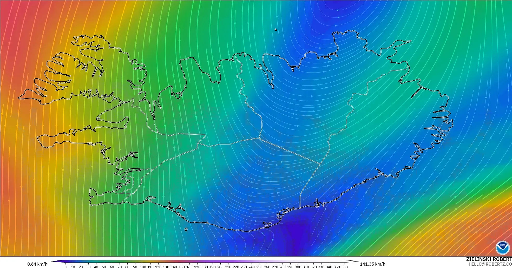 GFS modelo - Islandia, Viento a 300 hPa (corriente en chorro)