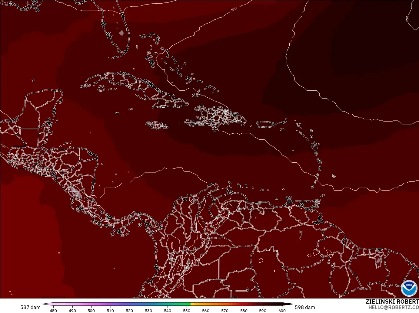 GFS modelo - Caribe, Altura geopotencial a 500 hPa