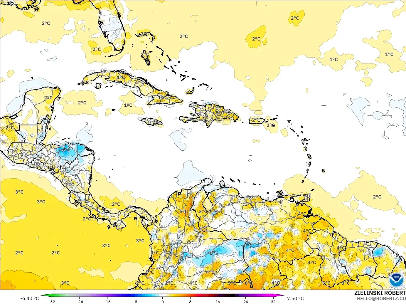 GFS modelo - Caribe, Anomalía de temperatura a 2 m