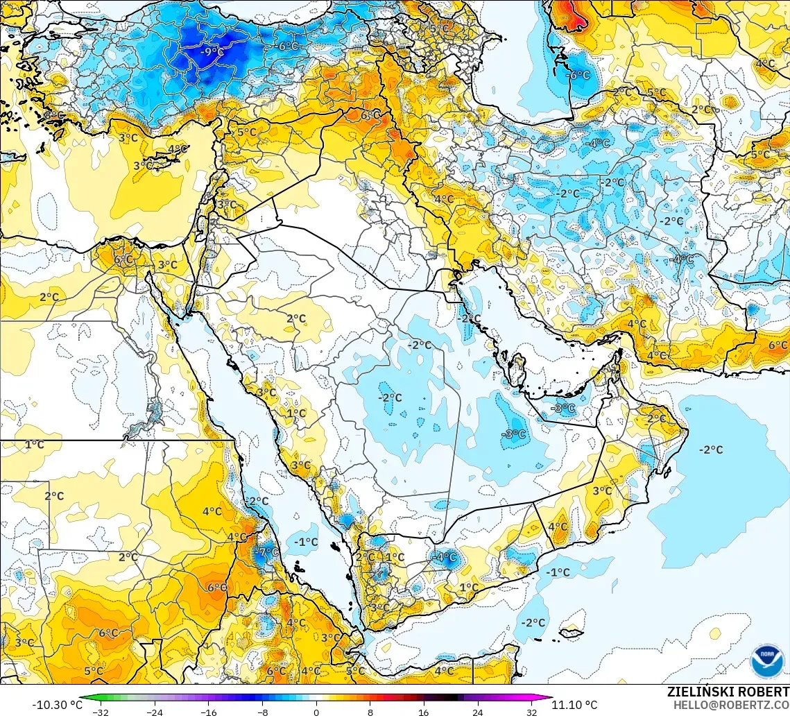 GFS modelo - Oriente Medio, Anomalía de temperatura a 2 m