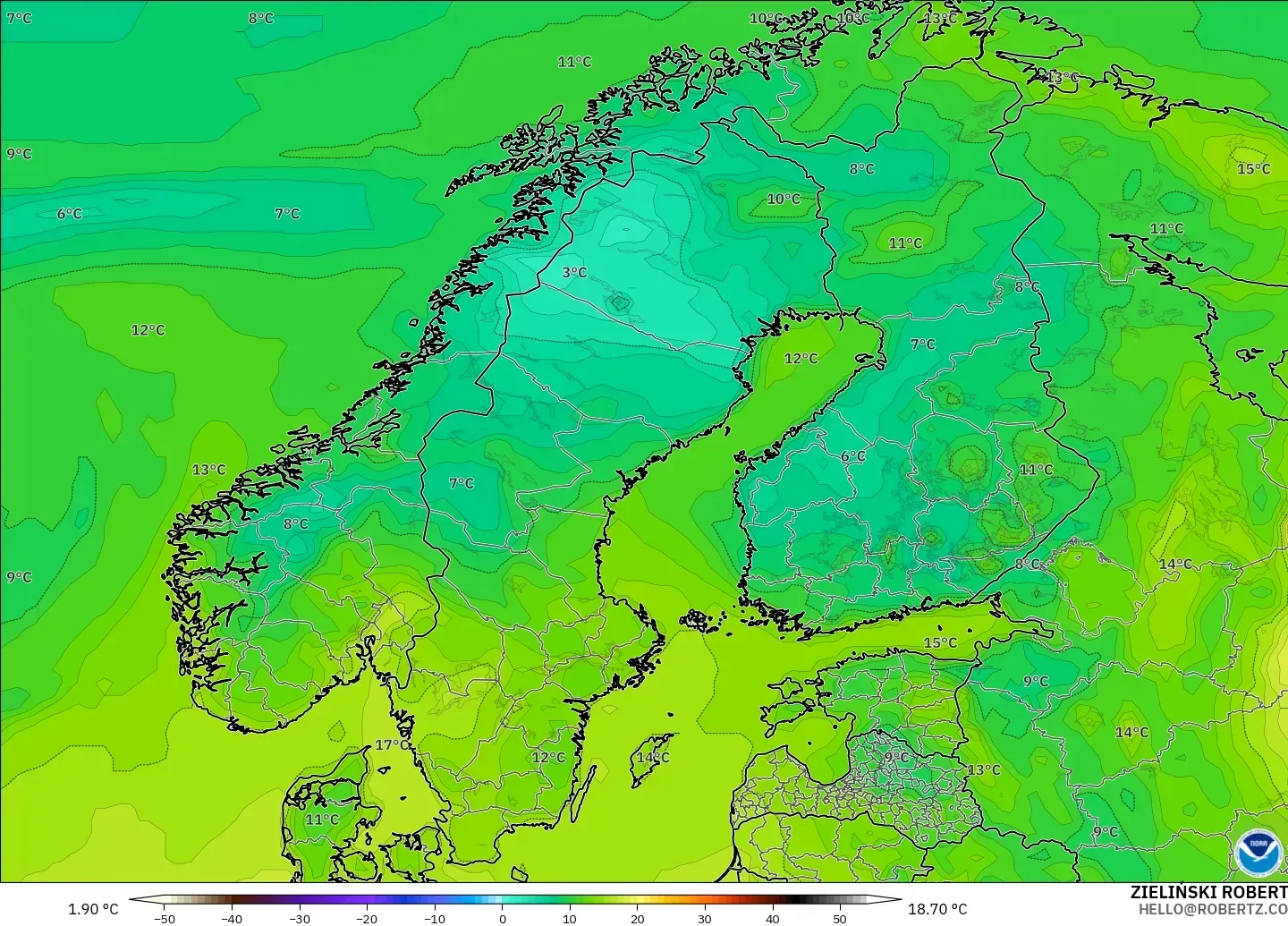 GFS modelo - Escandinavia, Punto de rocío a 2 m